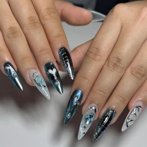 Cyberpunk metal style long tip 3D semi-handmade design wearable nail art nail piece pressed nail tip cross-border model