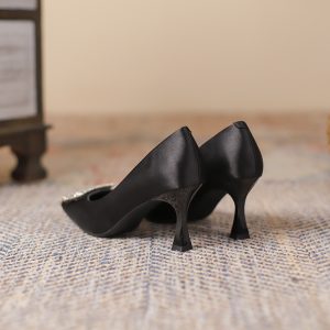 3788-8 Square toe thin heel rhinestone square buckle shoes for women, Korean pumps satin shoes, solid color commuter high heels, women's autumn