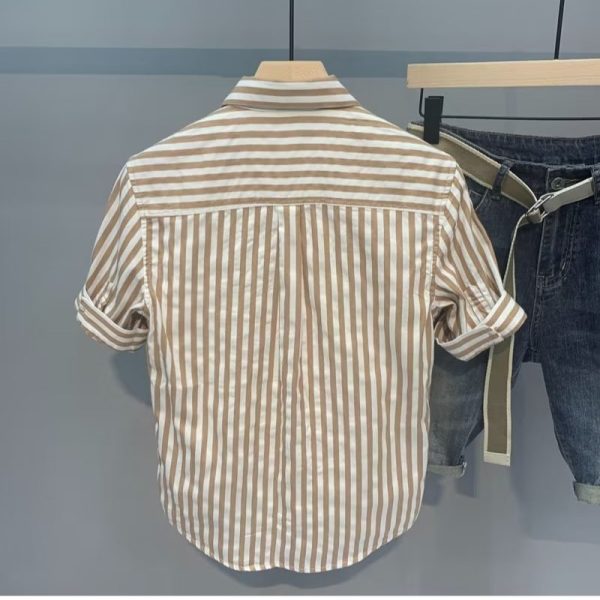 Summer new five-point short-sleeved shirt, men's trendy casual mid-sleeve striped youth shirt, fashionable thin base shirt - Image 3