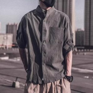 Seven-point linen short-sleeved shirt men's long-sleeved 2021 summer t-shirt casual inch clothes loose large size stand-up collar men's tide