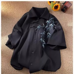 Chinese style shirt, bamboo embroidered shirt, men's antique Tang costume, plate buckle design, short-sleeved shirt jacket