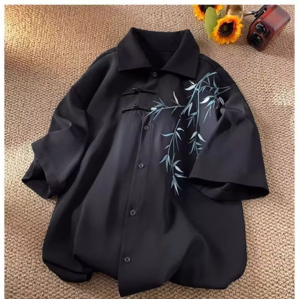 Chinese style shirt, bamboo embroidered shirt, men's antique Tang costume, plate buckle design, short-sleeved shirt jacket - Image 4