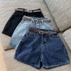Denim shorts, women's new summer trendy ins, Internet celebrities, high-waisted, simple, thin, loose-legged, versatile A-line hot pants