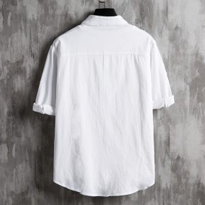 Linen shirt men's short sleeve stand-up collar shirt loose men's Chinese style thin cotton and linen Japanese five-quarter sleeve shirt for men