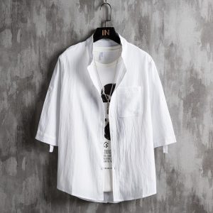 Linen shirt men's short sleeve stand-up collar shirt loose men's Chinese style thin cotton and linen Japanese five-quarter sleeve shirt for men