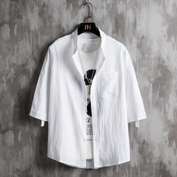 Linen shirt men's short sleeve stand-up collar shirt loose men's Chinese style thin cotton and linen Japanese five-quarter sleeve shirt for men - Image 3