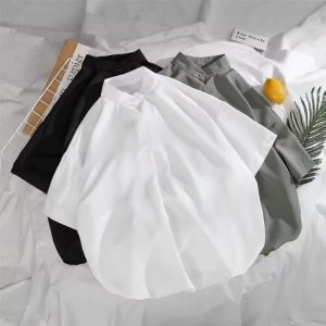 Summer ice silk short-sleeved shirt men's loose Hong Kong style Japanese small stand-up collar shirt ins trend ruffian handsome pullover top