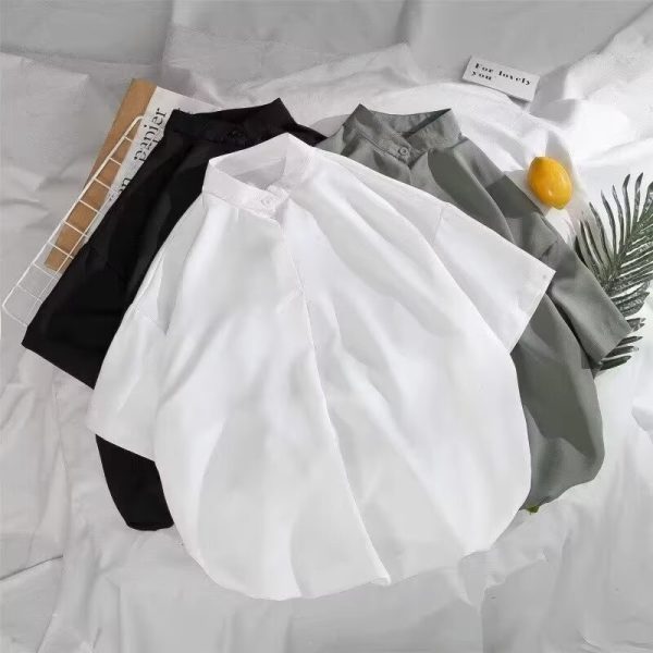 Summer ice silk short-sleeved shirt men's loose Hong Kong style Japanese small stand-up collar shirt ins trend ruffian handsome pullover top - Image 2