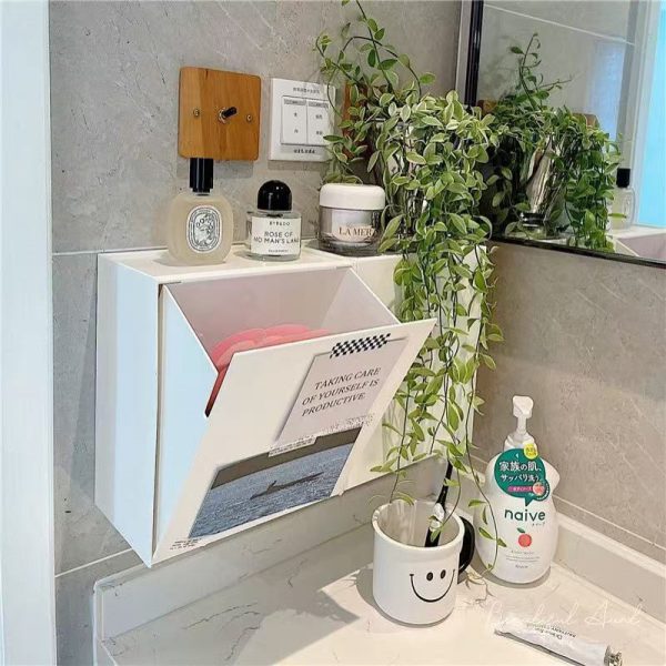 Wall Mounted Flap Storage Box Extra Size Mask Box Japanese Bathroom Trash Can Makeup Remover Cotton Sanitary Towel Storage Cabinet - Image 2