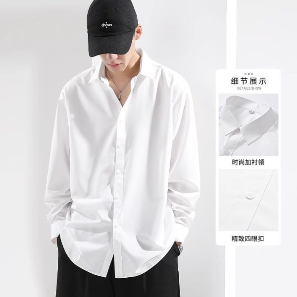 Summer loose drape-free ice silk black shirt men's long sleeve high-end sense ruffian handsome casual white shirt wholesale