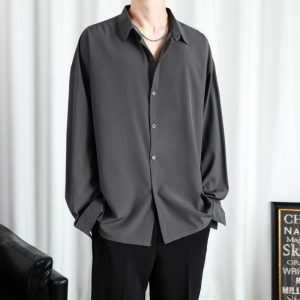 Summer loose drape-free ice silk black shirt men's long sleeve high-end sense ruffian handsome casual white shirt wholesale