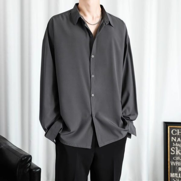 Summer loose drape-free ice silk black shirt men's long sleeve high-end sense ruffian handsome casual white shirt wholesale - Image 3