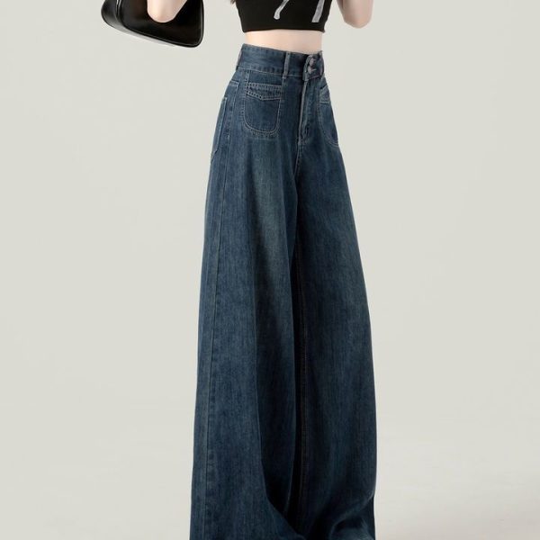 2025 dark blue high-waisted wide-leg jeans women's summer versatile slim autumn dress loose straight pants spring and autumn style - Image 2