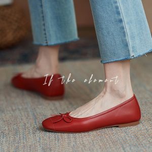 Bow sheepskin little red shoes new versatile square toe soft sole red flat women's shoes leather pumps low heels