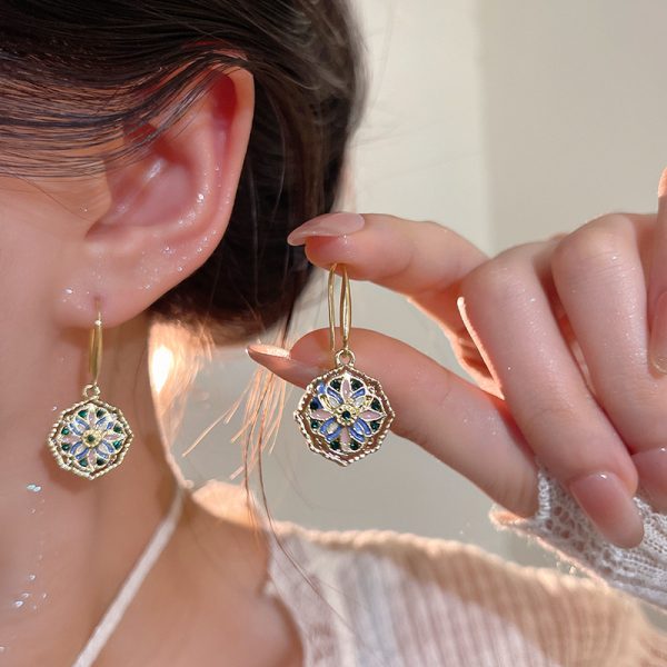 French vintage Monet garden drip glaze flower earrings women's light luxury niche high-end enamel flower earhook earrings