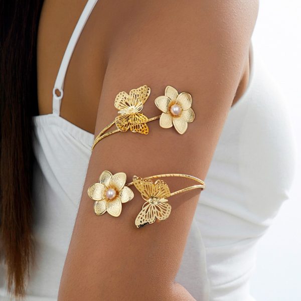 Metal imitation pearl retro French design sense upper arm bracelet butterfly flower multi-geometric armband adjustable niche women