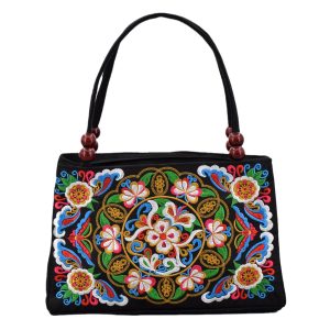 Ethnic style double-sided embroidered handbag, wooden bead accessories, double-layered zipper, hand-to-canvas bag, portable hand-carrying wallet