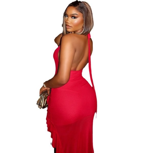 2024 European and American style cross-border women's elegant and sexy backless solid color mermaid skirt sleeveless V-neck midi dress - Image 5