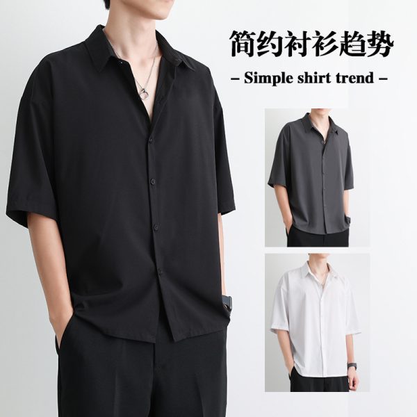 Short-sleeved shirts, men's summer loose thin ice silk three-quarter sleeve shirts, teenagers breathable cardigans, half-sleeved tops, trendy