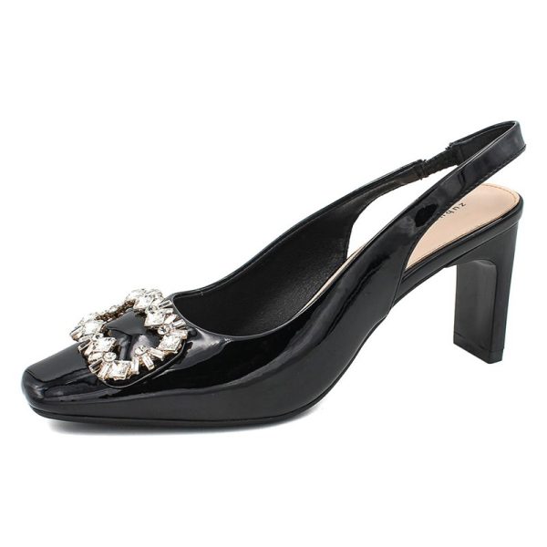 K88-A2 square toe patent leather single shoes women's Korean version rhinestone square buckle block heels toe back high heel sandals - Image 5
