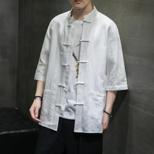 2023 summer new Chinese style cotton and linen men's casual three-quarter sleeve shirt retro fashion linen buckle Tang suit