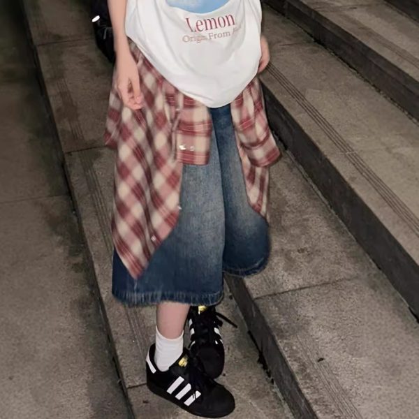 American high street vintage washed wide-leg denim shorts, women's versatile mids, loose straight cropped pants - Image 4