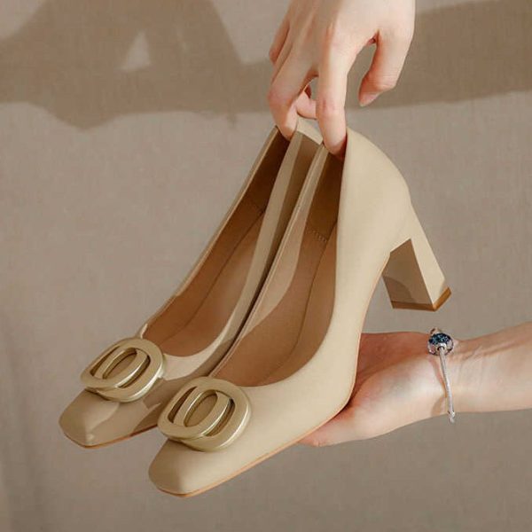 White thick heel square toe high heels women's middle heel hotel business pumps French evening style shoes - Image 4