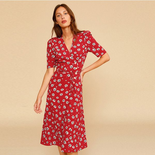 114# spot Ref rayon printed floral tea break dress 2022 summer new French retro style women's clothing