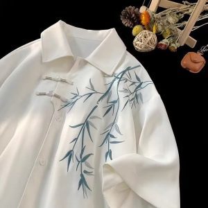 Chinese style shirt, bamboo embroidered shirt, men's antique Tang costume, plate buckle design, short-sleeved shirt jacket