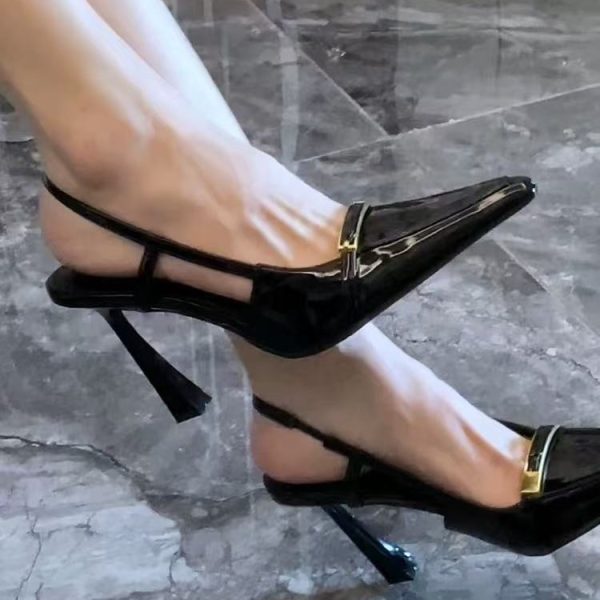 Yang Shulin's same metal buckle burgundy pointed high heels, feminine socialite, with a strap on the back of sandals - Image 4