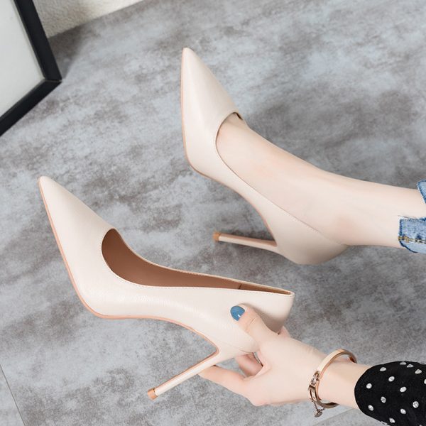 Lychee pattern high heels pointed toe single shoes women's Korean temperament sheepskin sole high heels one foot solid color stiletto women's shoes - Image 4