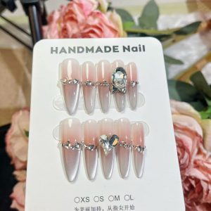 Pure handmade wearable nails 4.0 thin dog ice transparent peach gradient metering cat's eye pearl crushed diamond bo ice white peach nails