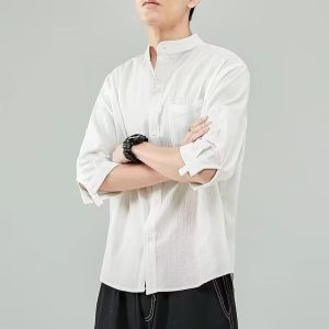 Linen shirt men's short sleeve shirt loose large size Japanese style collarless summer cotton linen thin jacket with cropped mid sleeves