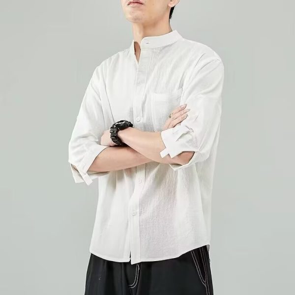 Linen shirt men's short sleeve shirt loose large size Japanese style collarless summer cotton linen thin jacket with cropped mid sleeves - Image 4