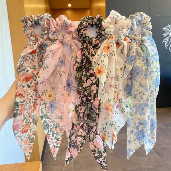Streamer floral scrunchie ins Internet celebrity new floral head rope silk scarf headband headband scrunchie leather band female tie