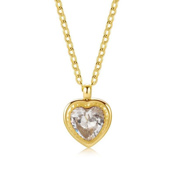 European and American retro 18K gold mother-of-pearl heart-shaped titanium steel necklace Women's French stainless steel zircon heart pendant clavicle chain - Image 5