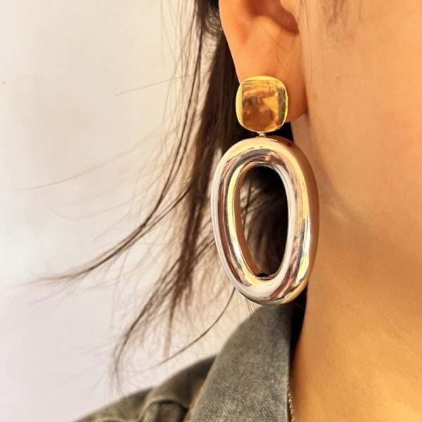 YS Design! European and American exaggerated style retro water drop contrast earrings stainless steel gold and silver color blocking high-end earrings women