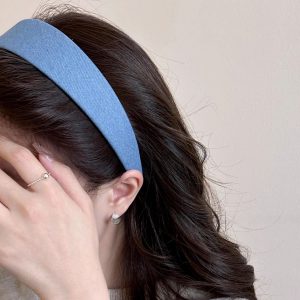 Dongdaemun fashion retro denim headband, small fragrance wide brim simple solid color hair pressed headwear, versatile Internet celebrity hair accessories