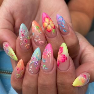 European and American wearable nails, colorful gradients, wearable nails, colorful flowers, nail patches, flowers, fake nail patches