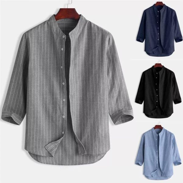 Korean version men's linen shirt stand-up collar cardigan loose casual breathable linen shirt youth three-quarter sleeve top men