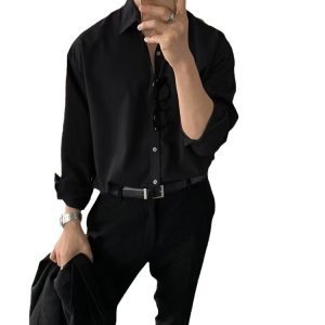 White Long Sleeve Shirt Men's New Korean Drape Top Loose Abstinence Lace Ice Silk Cool DK Solid Color Shirt