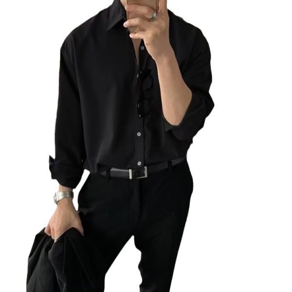 White Long Sleeve Shirt Men's New Korean Drape Top Loose Abstinence Lace Ice Silk Cool DK Solid Color Shirt - Image 5