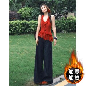 Plus size american dark blue wide-leg jeans women's autumn and winter new high-waisted fat mm loose drape straight-leg mopping pants