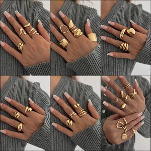 European and American cross-border hot-selling hand ornaments, personalized glossy irregular geometric joint rings, hip-hop style women's ring set