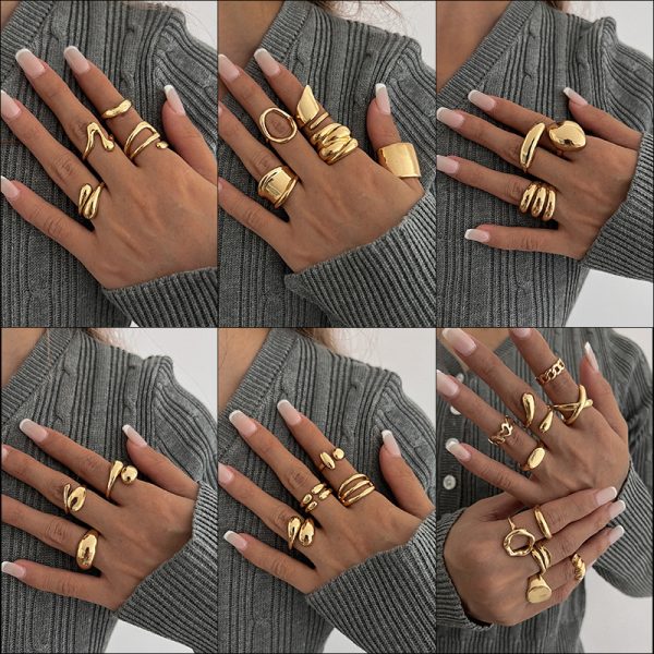 European and American cross-border hot-selling hand ornaments, personalized glossy irregular geometric joint rings, hip-hop style women's ring set