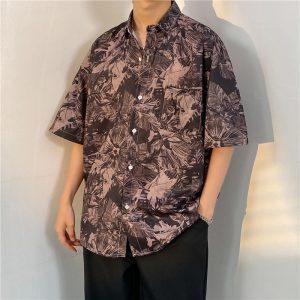 Shirt men's summer thin american retro print short sleeve shirt versatile ins high street casual loose top