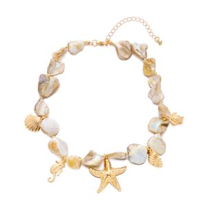 European and American cross-border new starfish shell beaded necklace imitation pearl beaded layered coarse gold necklace niche jewelry women