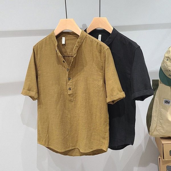 Solid color linen stand up collar short sleeve shirt men's workwear summer new simple cotton linen fashion youth casual shirt