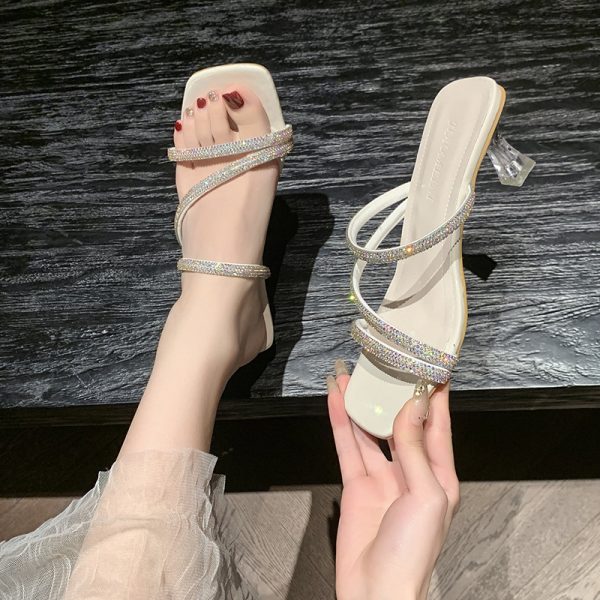 Sexy rhinestone strap sandals women's white 2024 summer new sandals soft leather heels wine glass heel flip-flops - Image 4