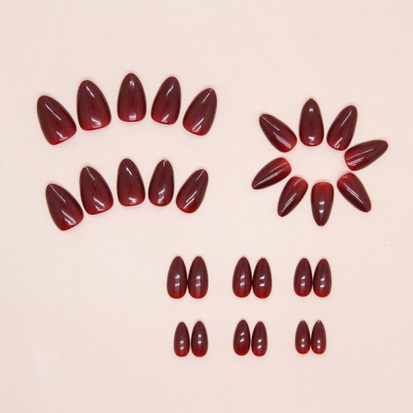 Burgundy fake nails, almond nails, water drop nails, solid color, pointed nails, nail patches, nail patches, foreign trade nails, 30 pieces - Image 3
